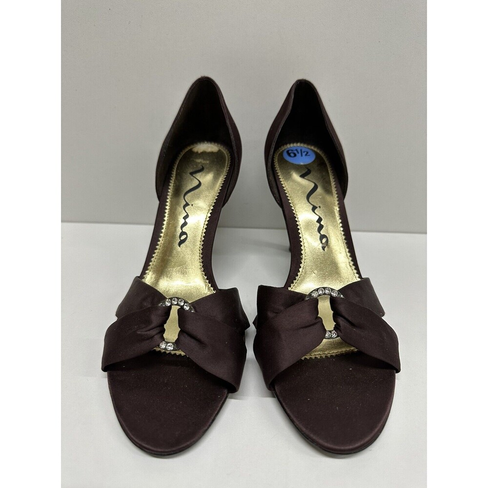 Nina Women size 6.5M  EUR 36 brown satin upper heels with jewels open toe pumps